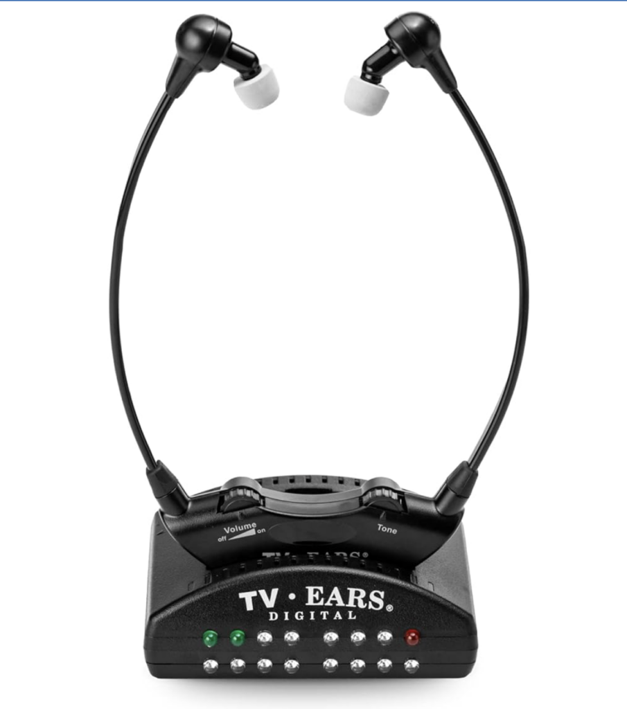 This image shows a product called TV ears which is an assistive hearing device for TV viewing